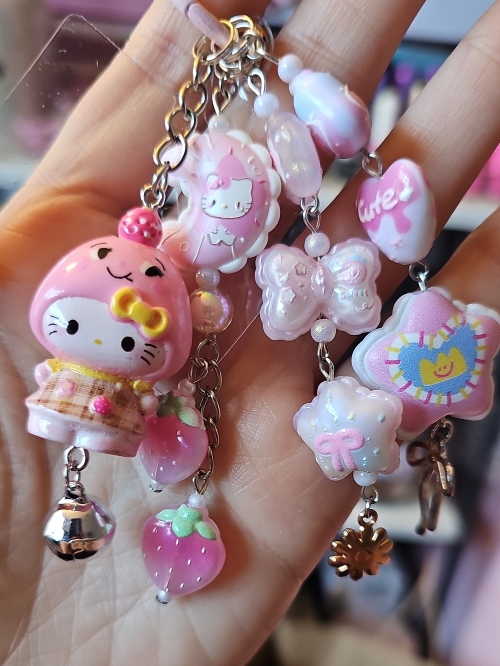 Hello Kitty Pink Multi-Charm Keychain with Strawberry & Star Accents